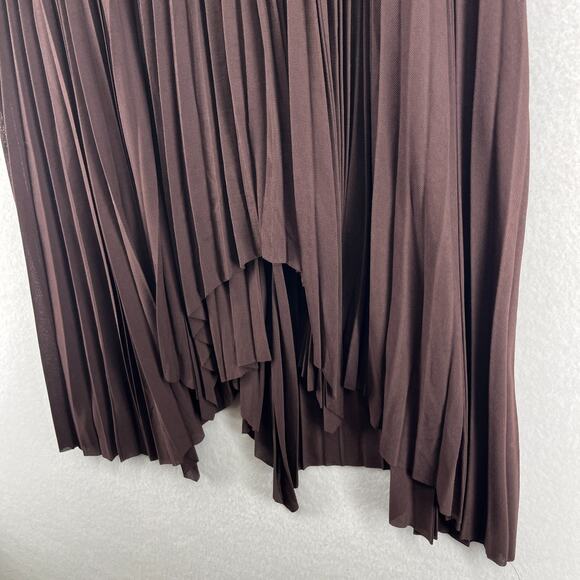 ZARA Skirt L Pleated Asymmetric Hem Elastic Waist Midi Swing Lined Brown - Picture 7 of 12